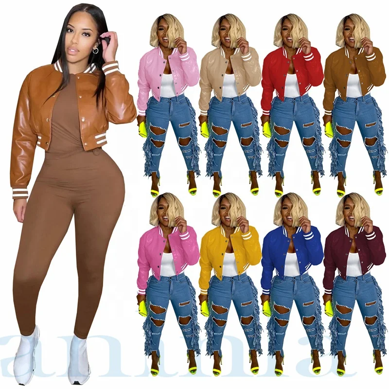 Spring Autumn Trending Clothes Letterman Cropped Jacket Women Long Sleeves PU Leather Varsity Jersey Baseball Jackets For Ladies