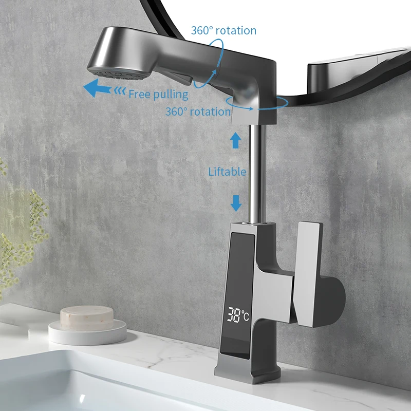 Modern Pull Out Intelligent Digital 360 Degree Rotary solid Brass pull out wash Basin Faucet Hot and Cold Mixer Tap