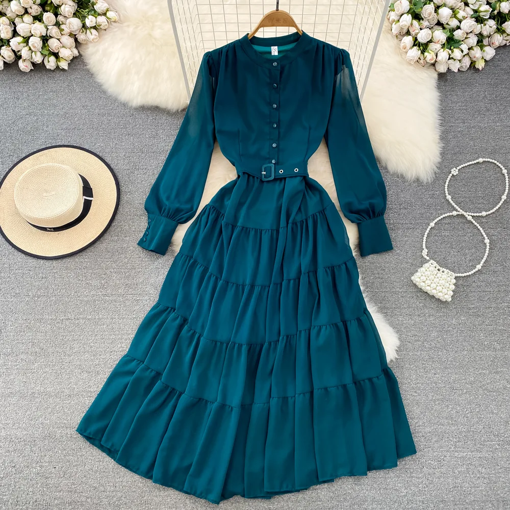 Dress Women Vintage Style Long Sleeve Round Neck Fashion A-line Ruffle Dress Elegant Large Swing Long Casual Dress