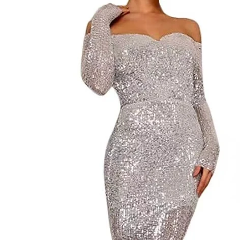 2022 Off Shoulder Sequined Long Sleeve Mermaid Party Cocktail Sexy  Evening Couture Gowns Prom Dresses