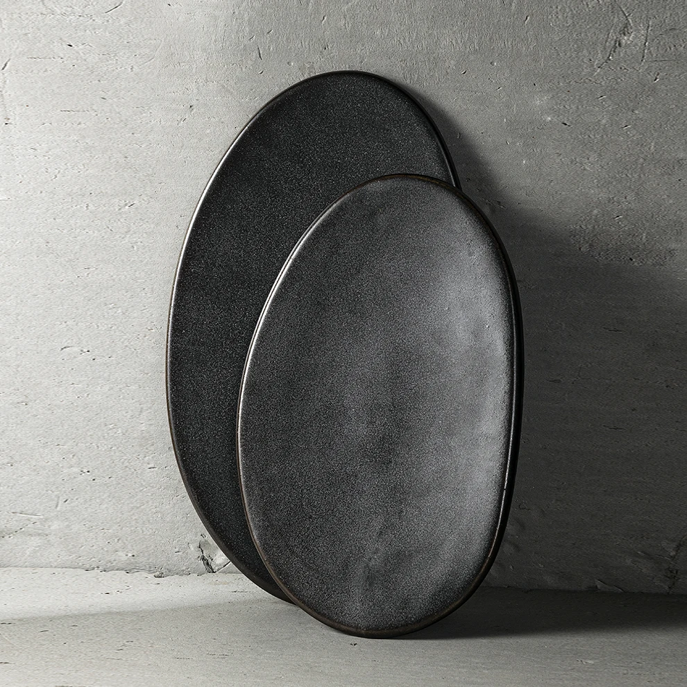 JiuJiuJu Minimalist Style Dinnerware High Quality Sushi Oval Long Plate Ceramics Rustic  Black Porcelain Platter Set Tableware