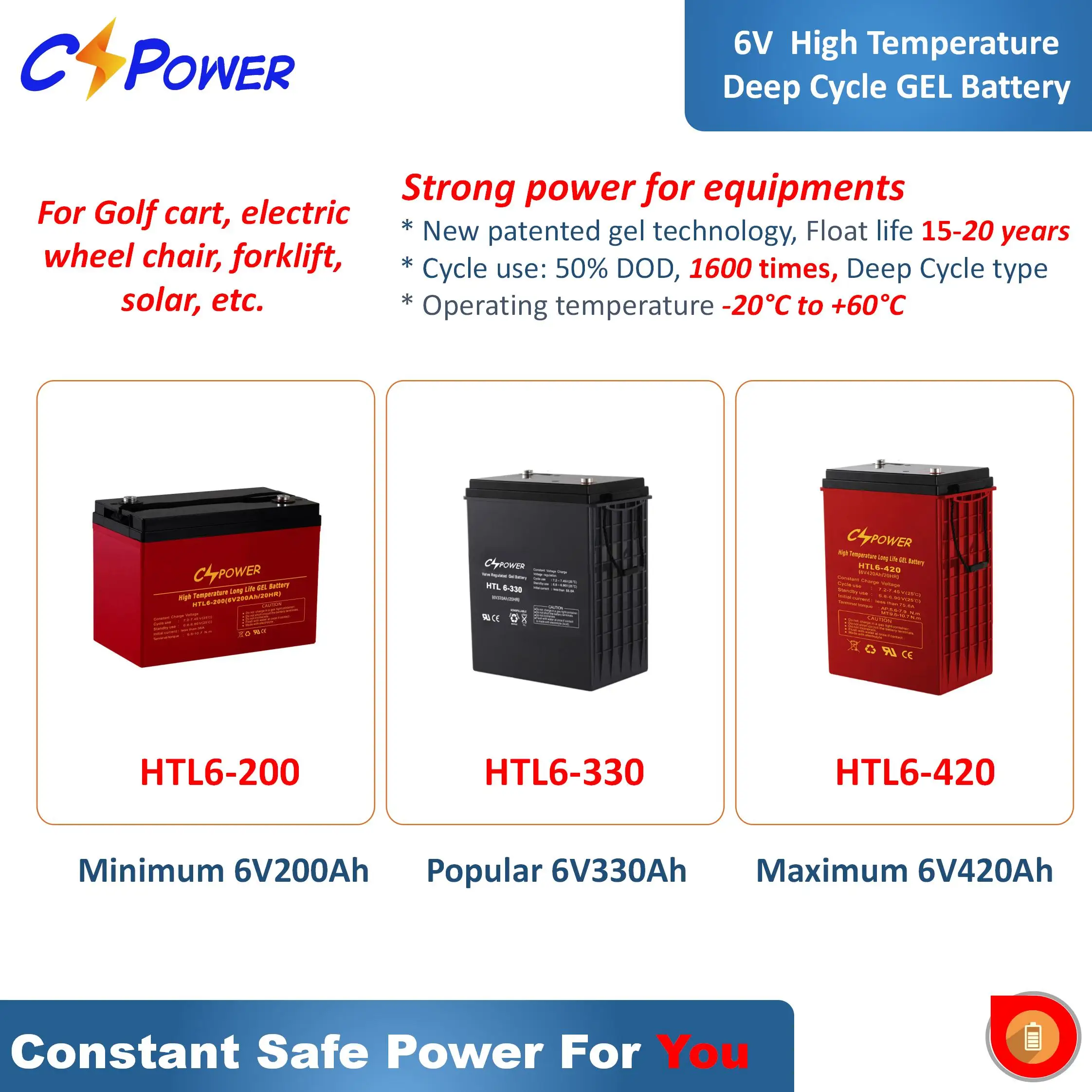 CSPower In stock trojan quality deep cycle gel battery 6V225ah for golf cart /solar system use HTL6-225