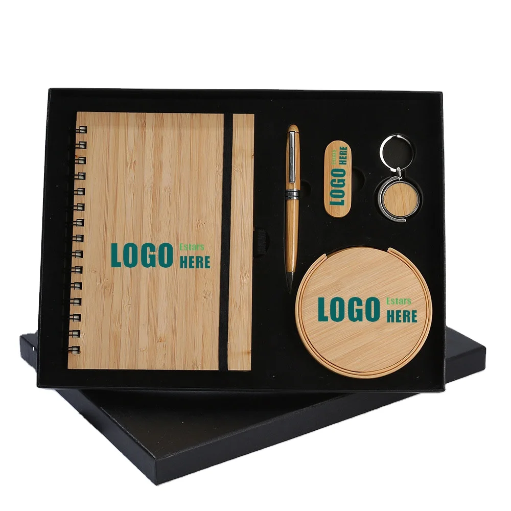 Eco Friendly Corporate Bamboo Gift Box Luxury Set A5 Notebook Pen USB Card holder Key Chain Flask Custom Logo Business Gift Set