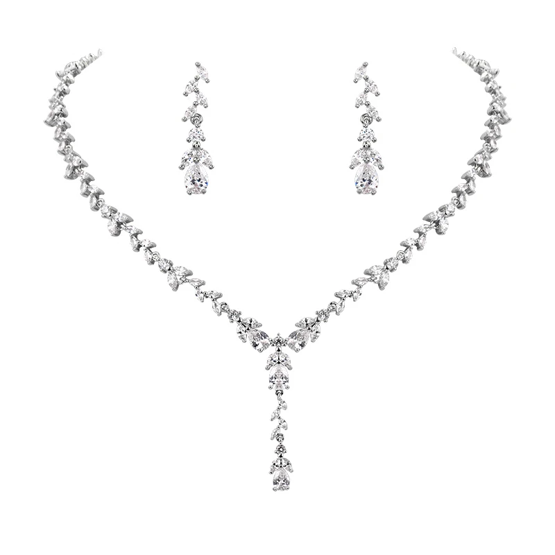 New Arrival Elegant Leaf Shape Cubic Zirconia Necklace and Earring Wedding Bridal Jewelry Set