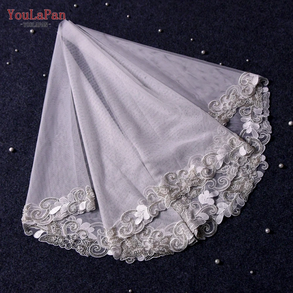 YouLaPan V60 Retro Short Without Comb Cover Veil Hand Beaded Embroidered Lace Single Layer White Veil Bridal Wedding Veil