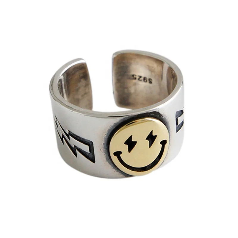 
Happy Smiley Face Lightning Stamp Tibetan Ring Big Large Retro Vintage Golden Gothic Women Jewelry Rings 