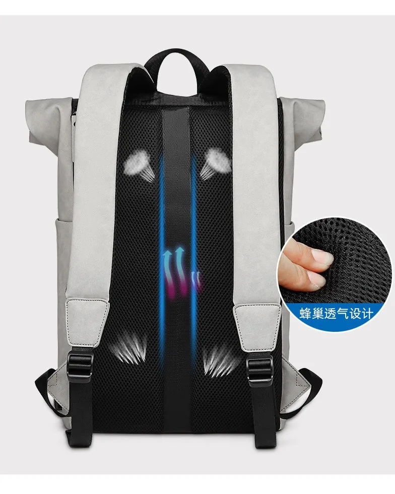 High Quality In Stock Custom Waterproof PU Leather Roll Top Backpack Business Travel Computer Backpack For Men