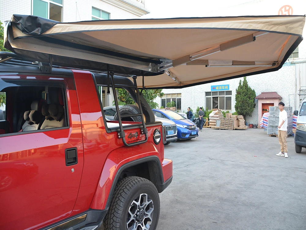 Hot Sale Camping 270 Degree Fan Shaped Umbrella Aluminium Alloy Fox Wing Awning Car Side 270 Awning With Support Legs