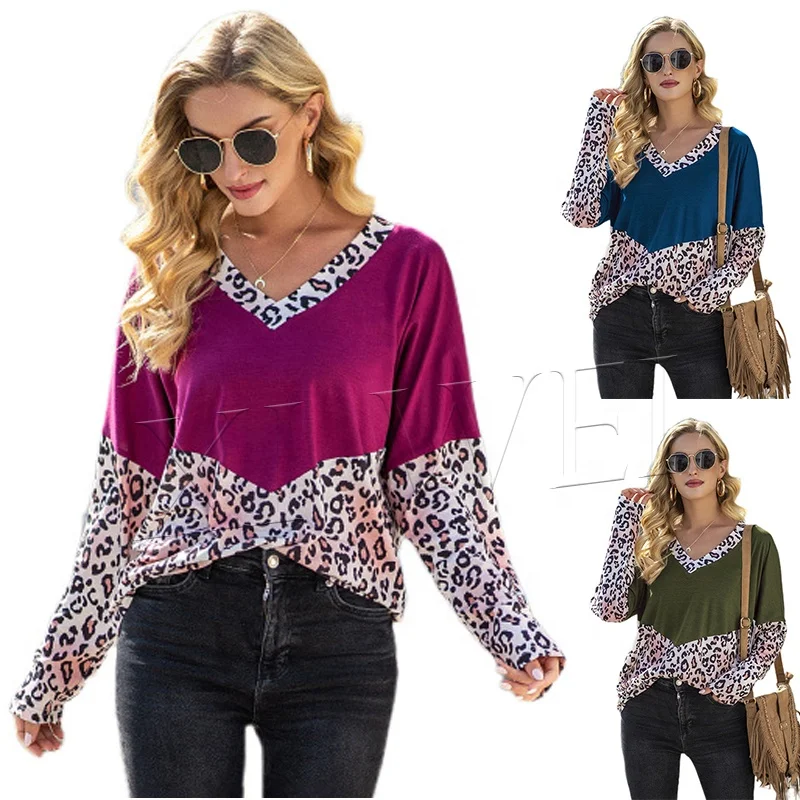 Новинка; Хит продаж; Женские шикарное платье с v-образным вырезом и топ, модный детский костюм леопардовой расцветки в стиле пэчворк Повседневная Свободная футболка с длинным рукавом для женщин
