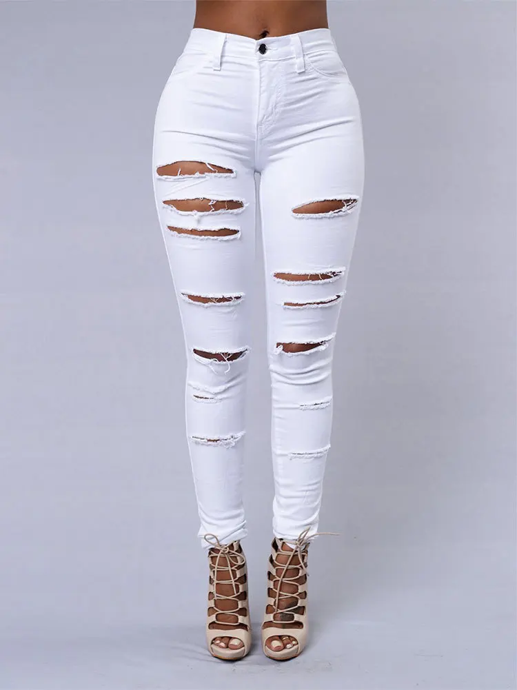 Fashion Women Jeans European Clothing Stretchy Skinny Ripped Jeans Mujer Pencil Pants Black White Jeans Women