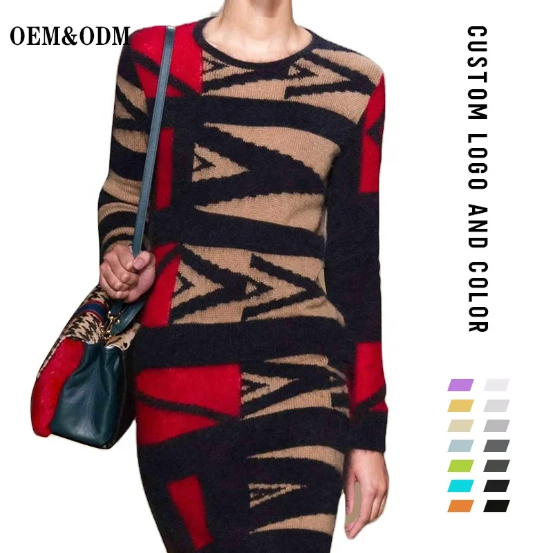 Sexy new Fashion Design Autumn Women Knitted Pattern jacquard Sweater and Dress Set sweater dress plus size