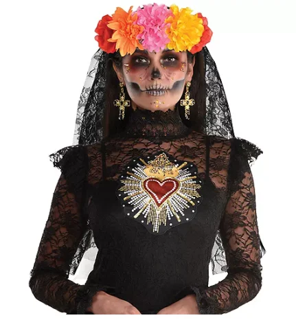 KANEKALON Floral Black Lace Veil - Day of the Dead clock showing day of week