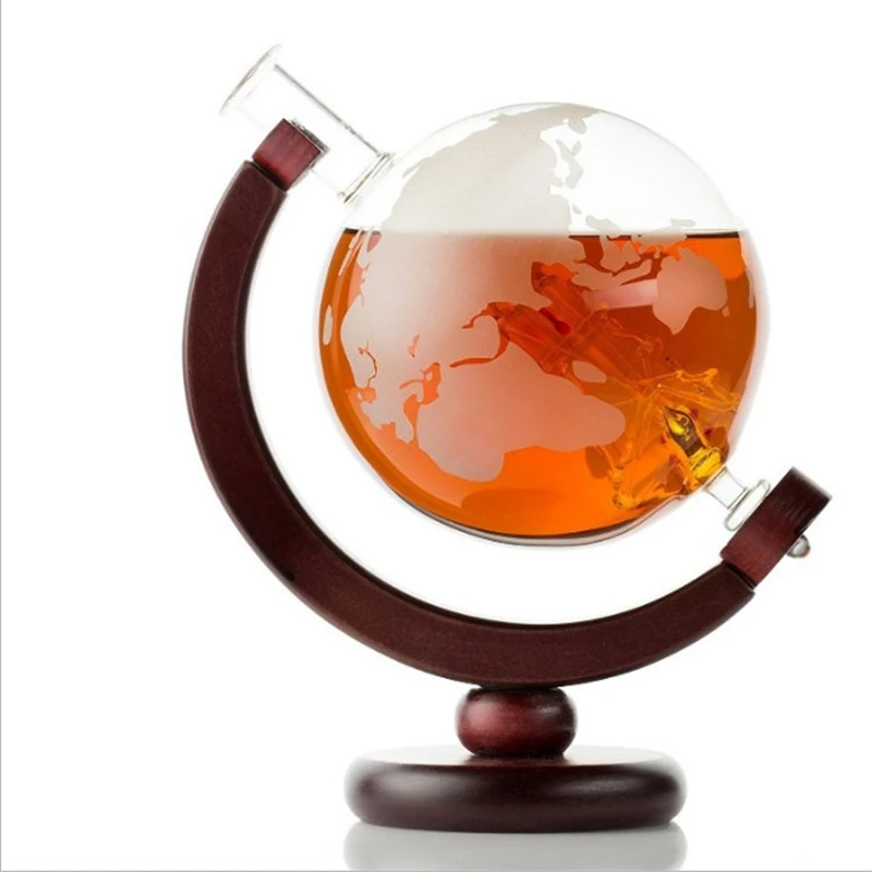 Custom Whiskey wine Decanter globe and glass Etched Globe whiskey decanter set with Wooden Base