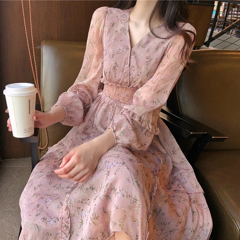 Spring Summer Fashion Female Printed Floral Long Sleeve Vintage A-line Midi Dress V-neck Chiffon Dress Women Casual Dresses