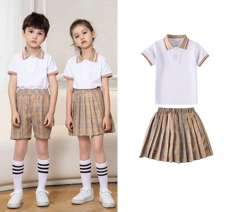 custom kids polo t-shirt plaid skirt shorts high middle primary kindergarten school uniform for kids boys girls