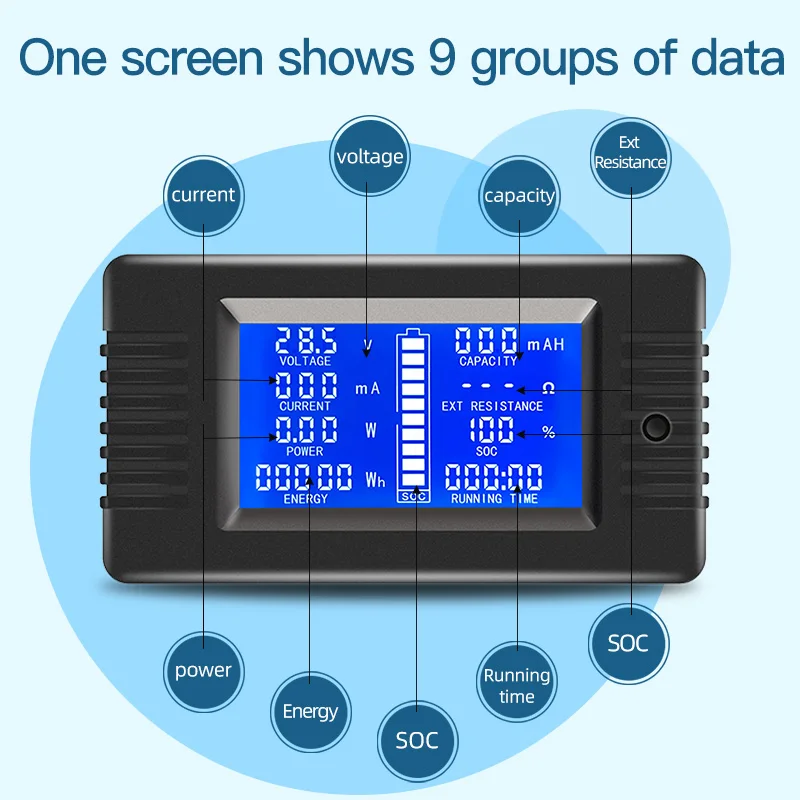 DC 0-200V 50A 1m USB Voltmeter Ammeter Car Battery Tester Capacity Electricity Voltage Monitor for 12v 24v 48v 96v