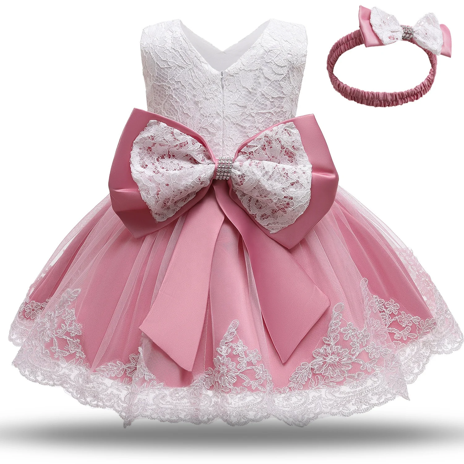 Sleeveless Embroidery Formal Lace Baby Dress Flower Girl Dress With Large Bow
