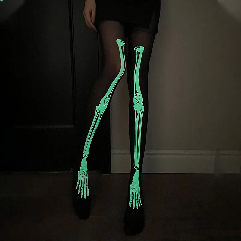 Skeleton Thigh High Glowsocks Halloween Bones Skeleton Print Stockings Cosplay Party&Halloween&Carnival Womens Pantyhose