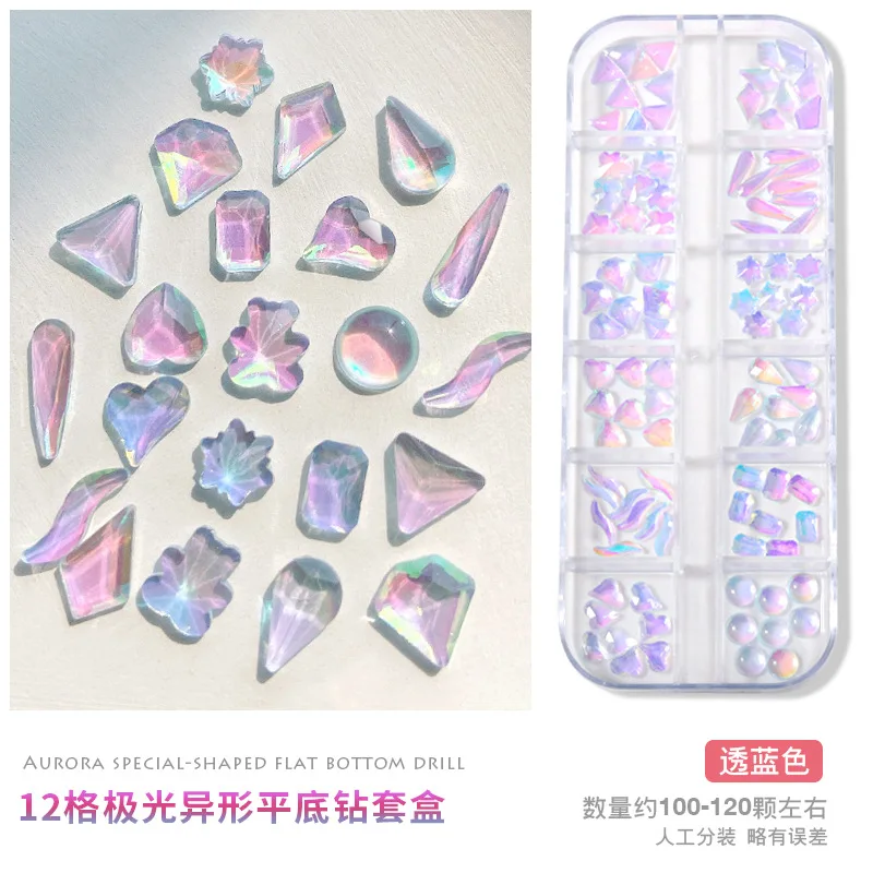 Wholesale 3d nail art crystal rhinestones 12 grid mixed ice transparent irregular shape flat bottom magic color shine DIY charms