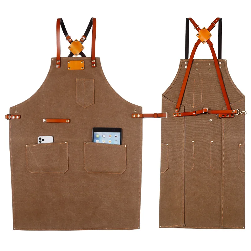 WeaveWin cotton canvas cross back apron custom one piece cotton apron side button pocket wholesale bbq apron