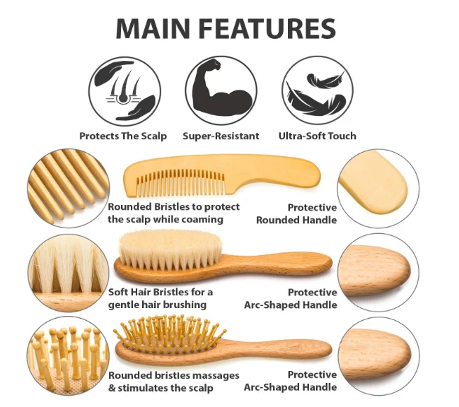 Natural Wooden Hair brush with Soft Goat Bristles Baby Hair Brush and Comb Set for Newborn