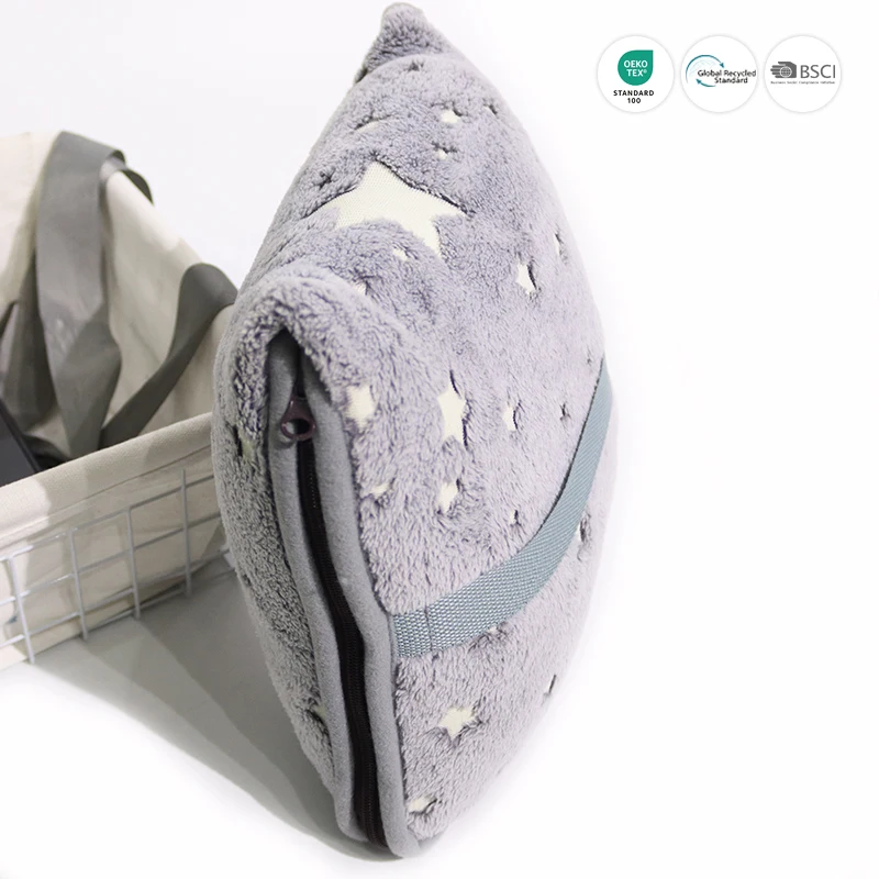 Travel Blanket and Pillow, 2 in 1 Airplane Blanket with Soft Bag Pillowcase, Hand Luggage Sleeve and Backpack Clip