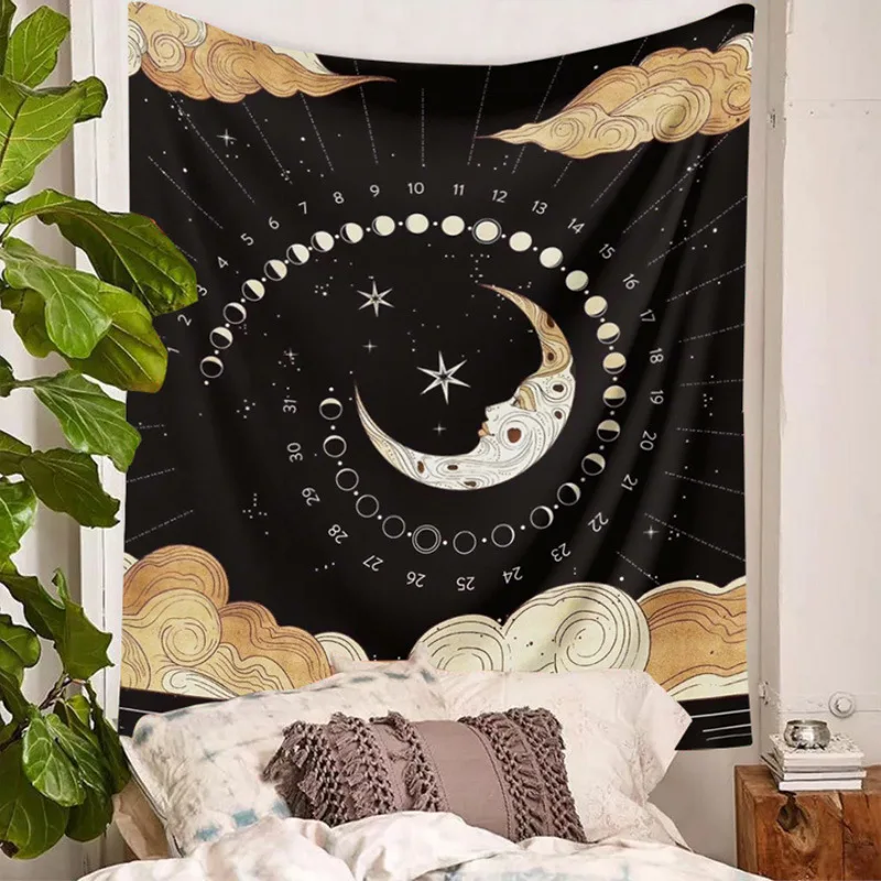 Напечатанные психоделические золотые лунные фазы Бохо настенные гобелены индивидуальные средневековые европейские гадания