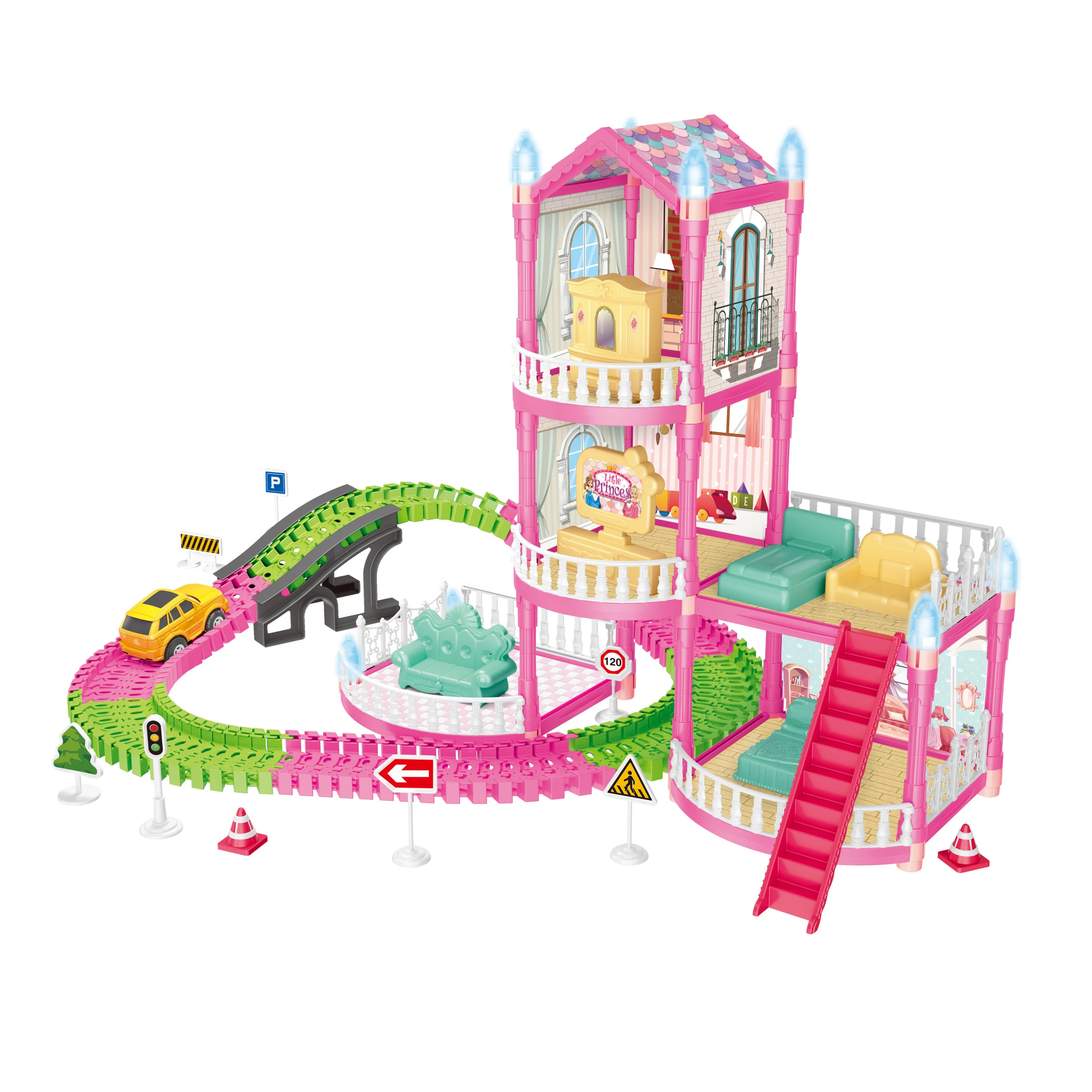 Villa Play Set DIY track Toy 221pcs doll house with 5 rooms 11 inch doll Pretend Play Girl Toys
