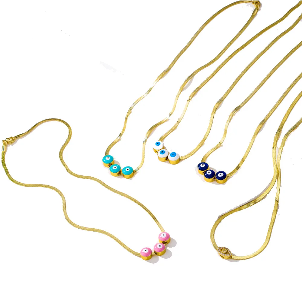fashion trendy stainless steel 18k gold d-evil eye charms beads flat snake chain choker eyes necklace jewellery for women