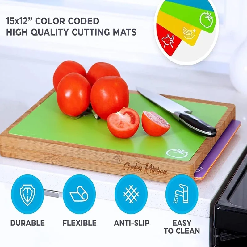 Chopping Board Set - Easy-to-Clean Dark Bamboo Wood Cutting Board Set with 6 Color Coded Flexible Cutting Mats