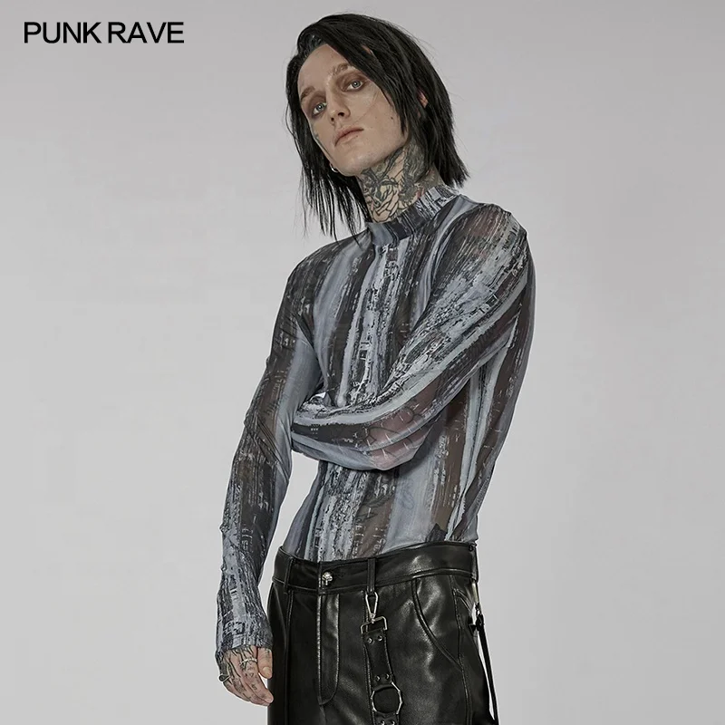 PUNK RAVE WT-751TCM Men Tight Fit Long Sleeves T-shirt  Elastic Gauze Abstract Printing Translucent O Neck Sexy Man Basic Top