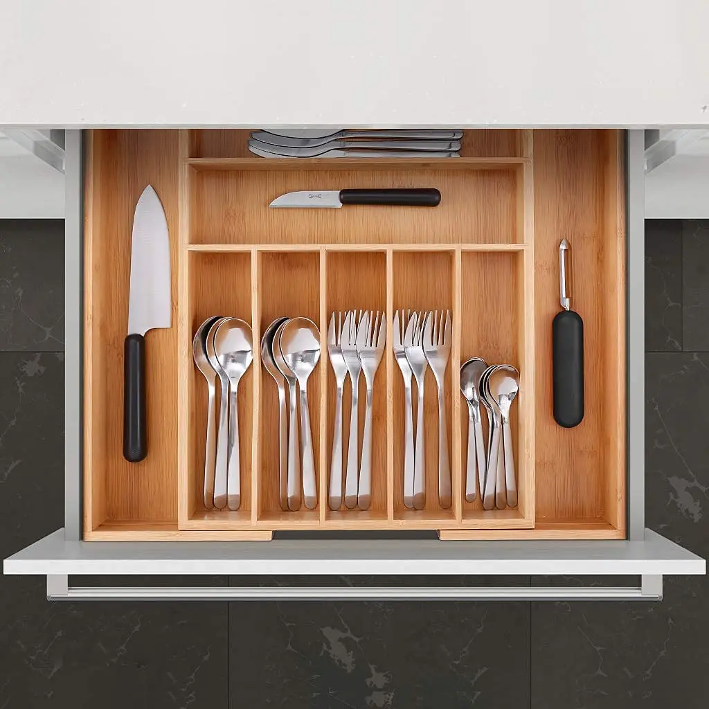 Hot sell  Bamboo Cutlery Tray  Utensil Silverware Flatware Drawer Organizer Dividers with 6 Compartment for Kitchen