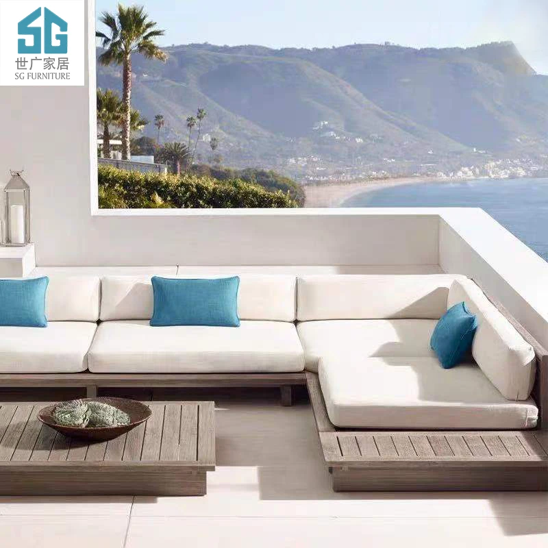Outdoor solid wood garden patio furniture ultra-deep seats low-slung platform teak wood sofas sectionals