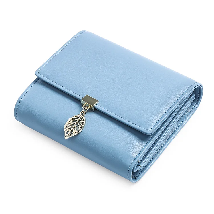 RFID anti-theft brush mini three fold credit card clip PU leather Leaf Pendant zero wallet