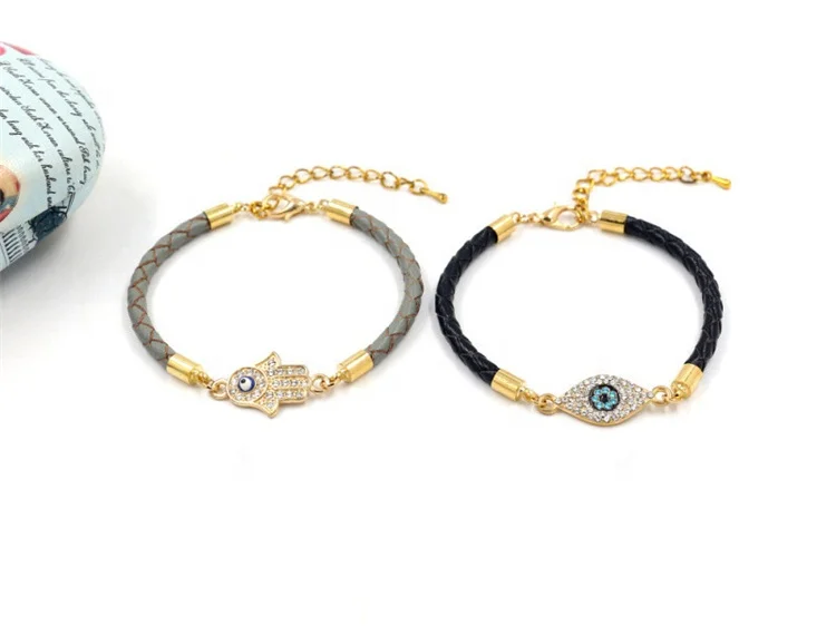 2021 Newest Jewelry Micro Pave Evils Eyes Palm Charm Adjustable Bracelets Braided Leather Couple Bracelet