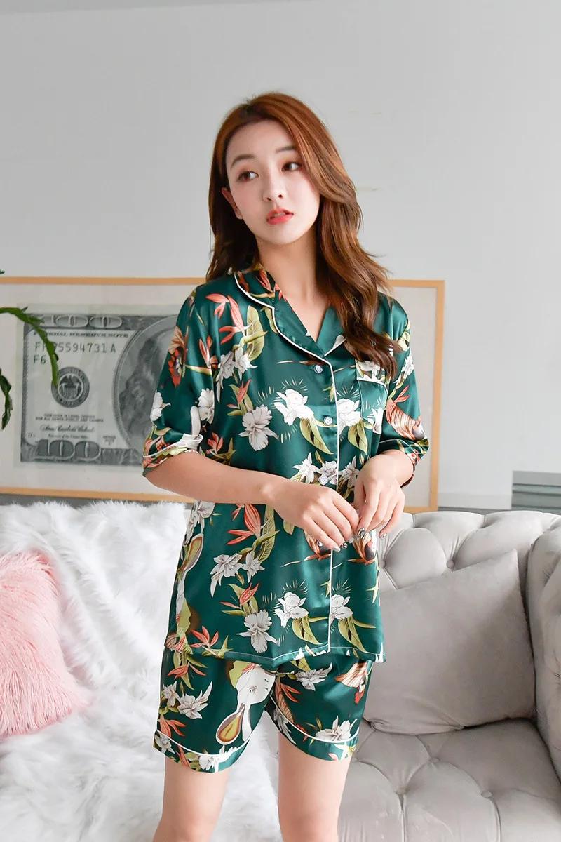 
Korean version of casual pajama suit short sleeve shorts silk home dress sweet printing for women 