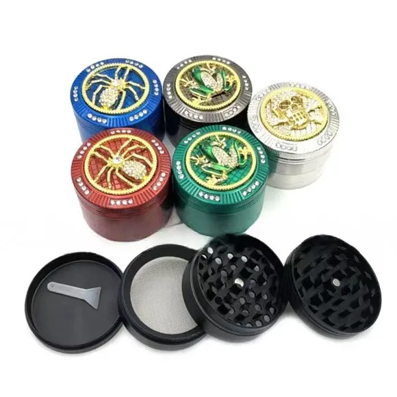 High Quality 4 Part 52MM Metal Zinc Alloy Cartoon Animation Pattern Diamond Bling Leaf Spider Skull Spice Herb Grinder