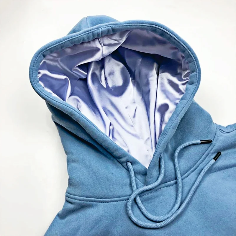 Top quality customized embroidery hoodie satin lined hood Kangaroo Pocket Fleece Pull Over split satin lined hoodie sets