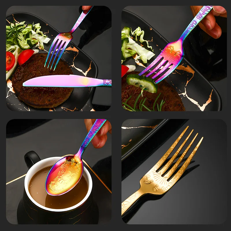 24 Pcs Cutlery Set Flatware Spoon And Forks Knife,Black Stainless Steel Gold Cutlery 24pcs Set