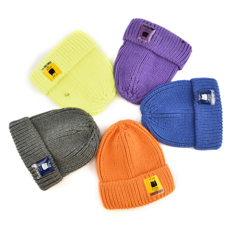 Custom Solid Color Knit Cuffed Plain Beanie Cap,Private Woven Label Logo Beanies,Skull Hats Warm Kids Knitted Winter Hat