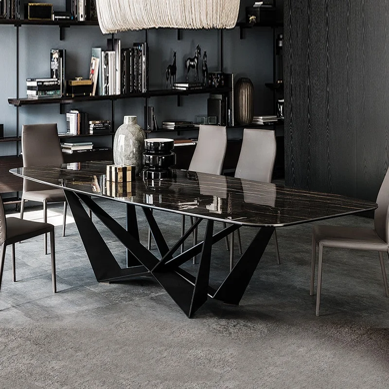 2021 Fashion Dinning Table Marble top Dinner table set Simple Black Metal Leg Dining Room Furniture Dining Table with 6 Chairs