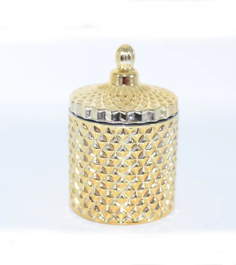 Wholesale luxury 250ml 600ml candle container rose gold 8oz 20oz geo cut glass jars for candle making