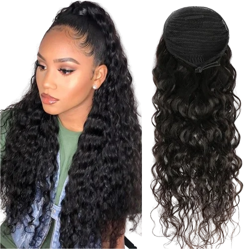 Water Wave Ponytail Human Hair Extensions Raw Vietnamese Hair Drawstring Ponytail  Extensions Pony Tail Clip In Hair