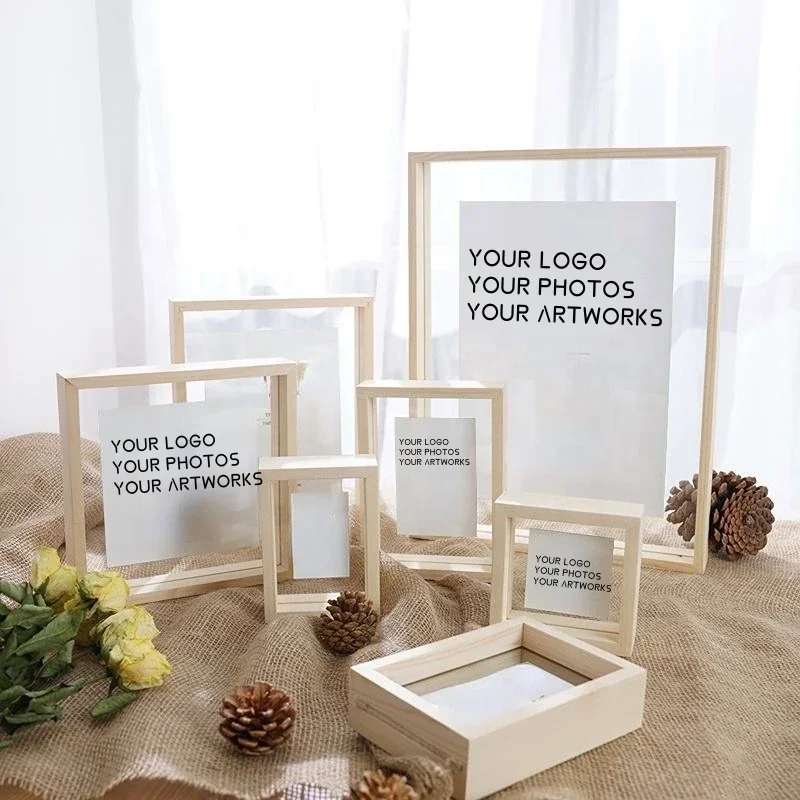 Оптовая продажа заводская цена прозрачное двухстороннее стекло MDF деревянная фоторамка из массива дерева плавающая с настоящим стеклом