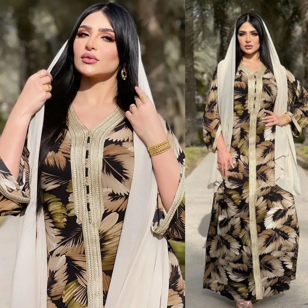 High Quality Wholesale Turkish Dubai Kaftan Long Batwing Flower printed Muslim Dress Women Abaya Islamic Clothing