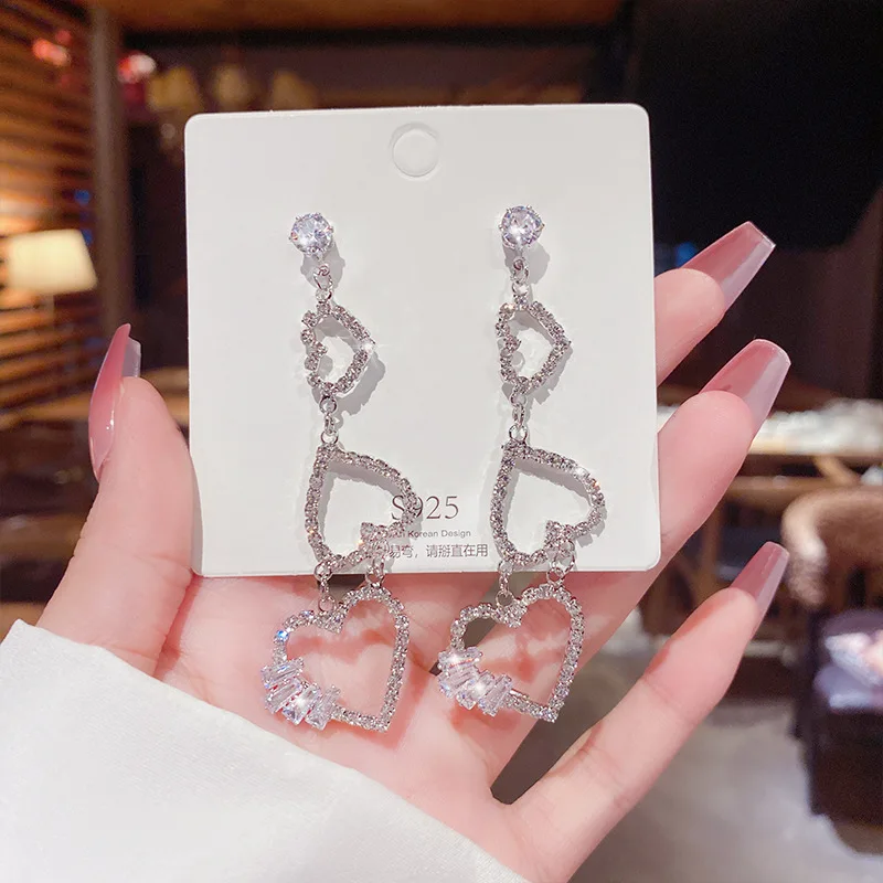 DAIHE S925 Silver Needle Full Diamond Love Tassel Earrings Ladies Cz Zircon Rhinestone Heart Earring Jewelry