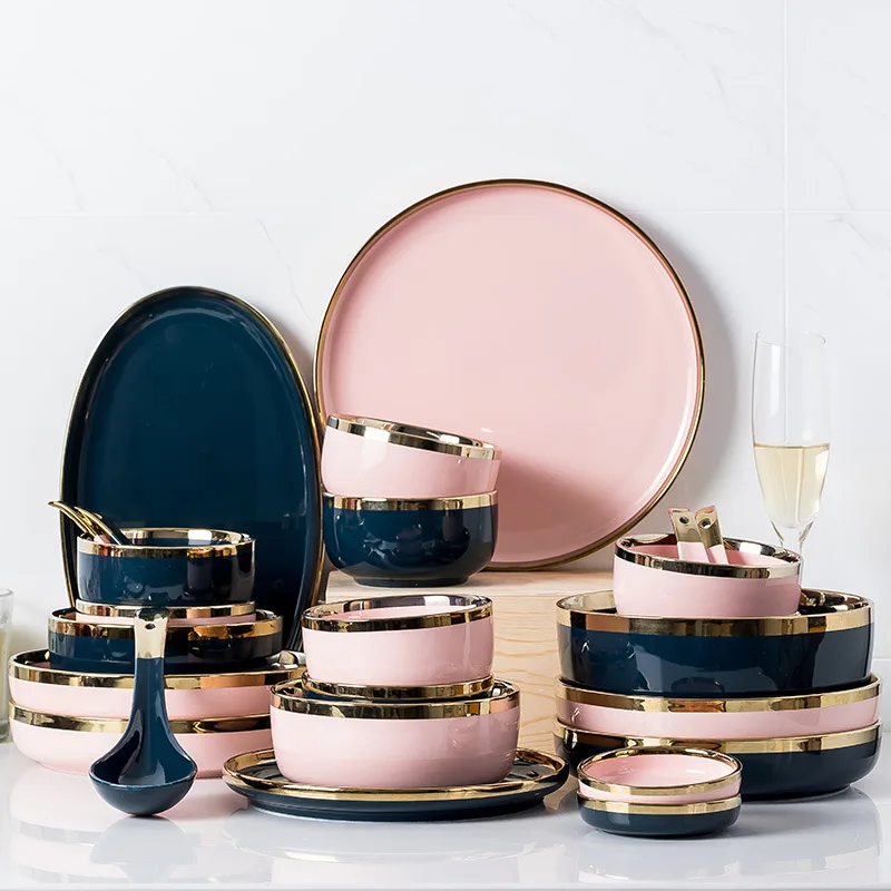 German porcelain marble luxury dinnerware tableware gold rim pink and green restaurant ceramic plates dishes sets modern