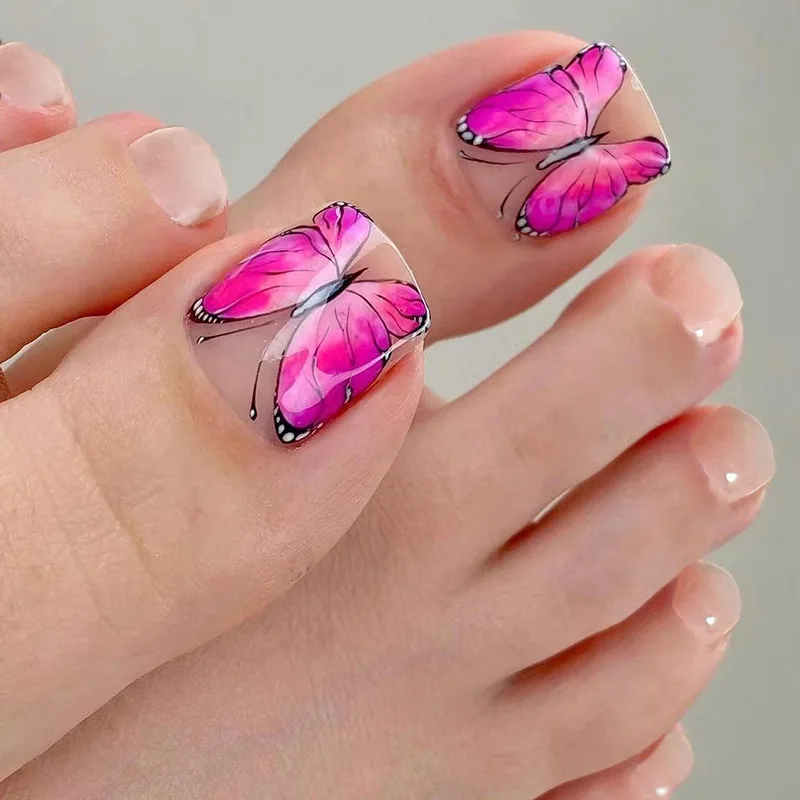 Wholesale 24pcs/box Summer Designs Girl Fake Toenails Butterfly Feet Nail Tips Lady Toe fake nails with rhinestones