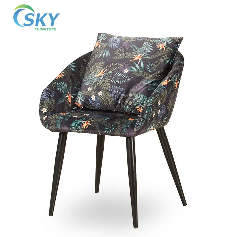 SKY Modern cheap price  tempered glass table top dining table set with print fabric dining chair for restaurant