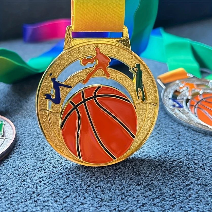 Custom Personal Logo Gold Sports Medals with Sandblast Finish and Cut-Out Design for Football and Basketball Competition Awards
